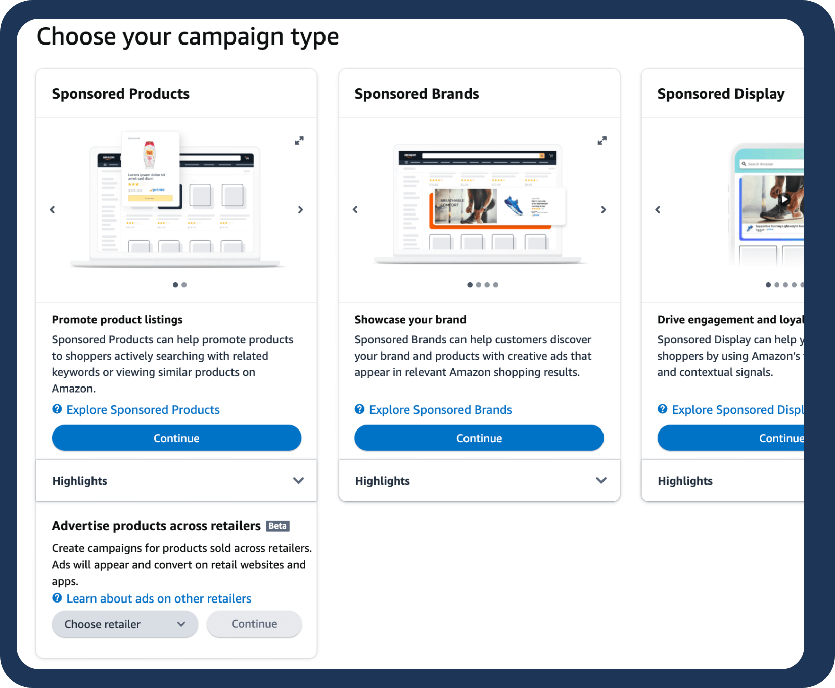 Creating a Sponsored Products campaign in Amazon Seller Central dashboard.
