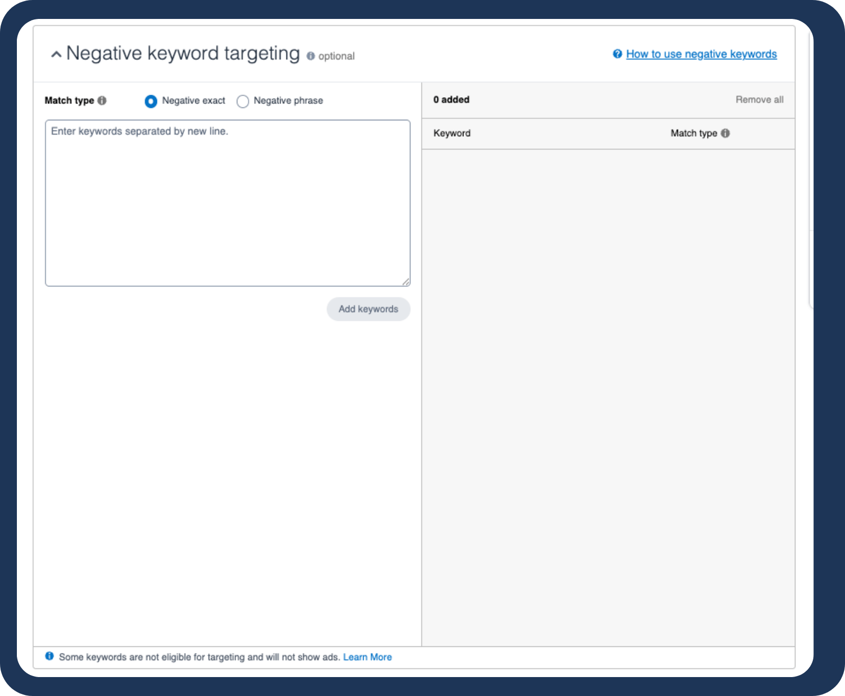 Setting negative keywords and products in Amazon ad campaigns.