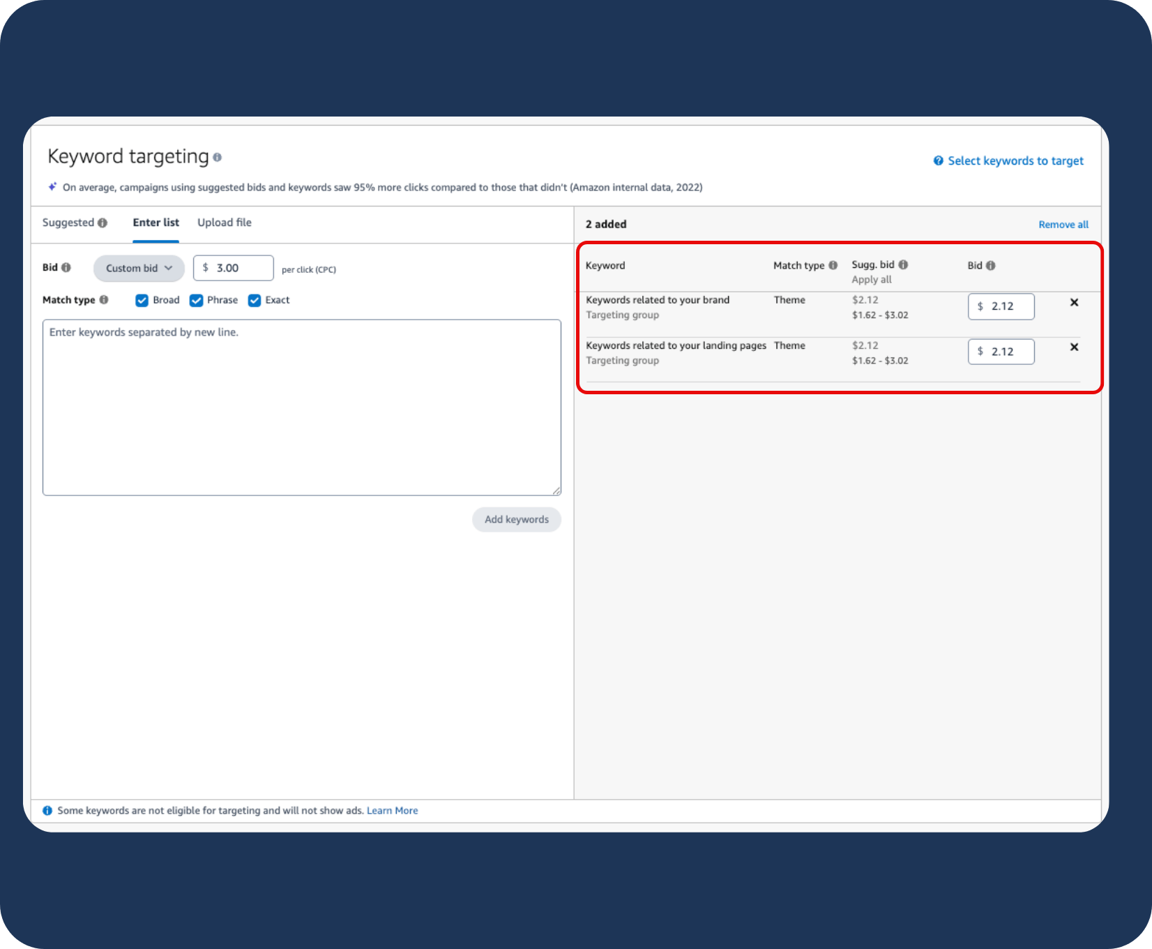 Set keyword match types and bids for Amazon Sponsored Brands ads to control targeting and ad spend.
