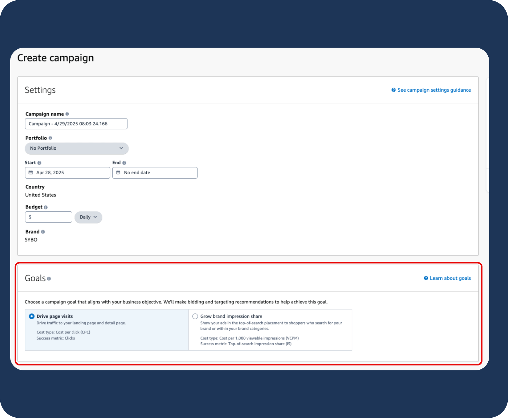Amazon Sponsored Brands campaign goals feature with options to drive page visits or grow brand impressions using CPC or vCPM bidding models.