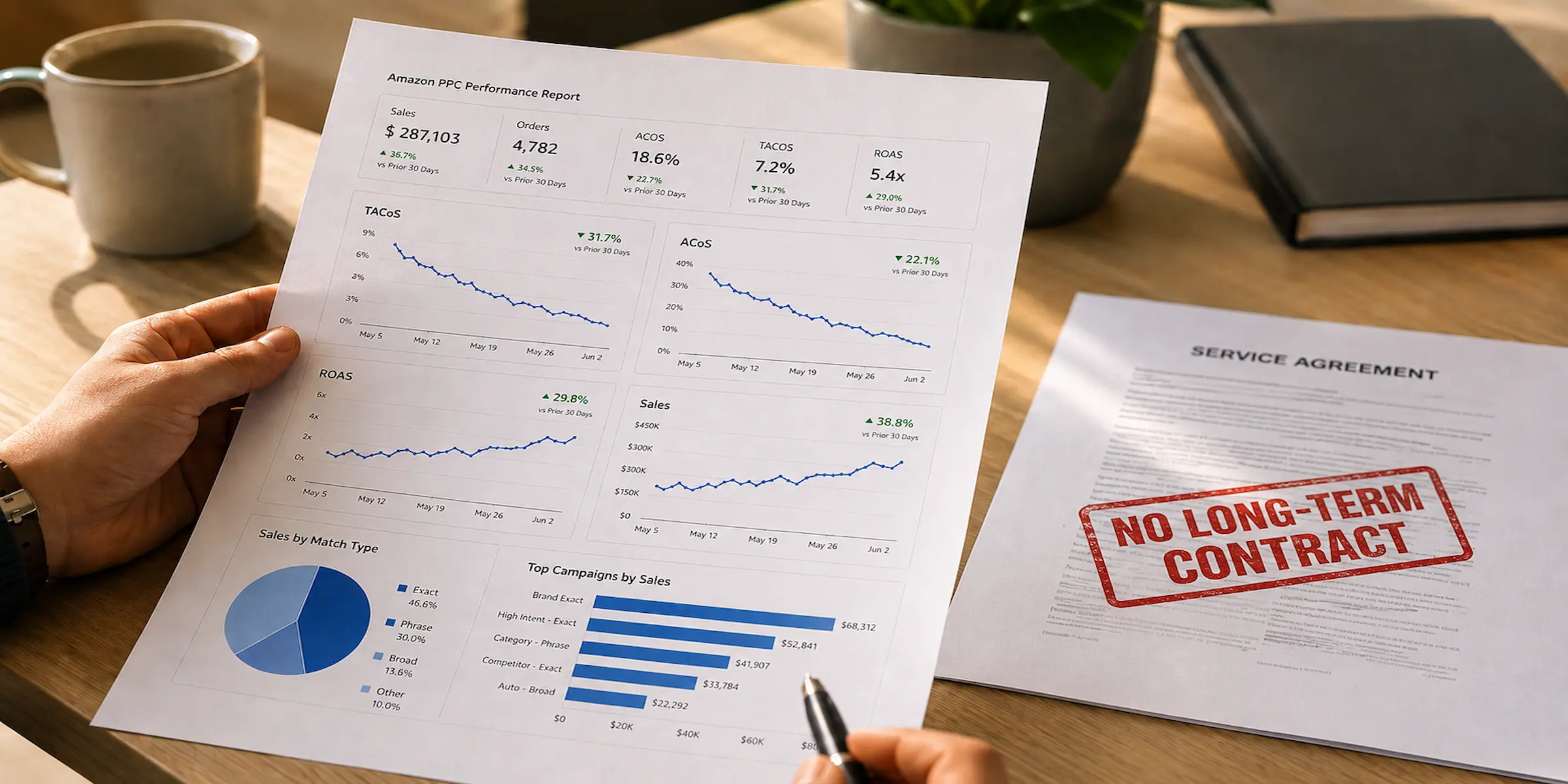 Amazon PPC performance report with improving advertising metrics beside a service agreement stamped “No Long-Term Contract,” highlighting results-first, month-to-month PPC management.